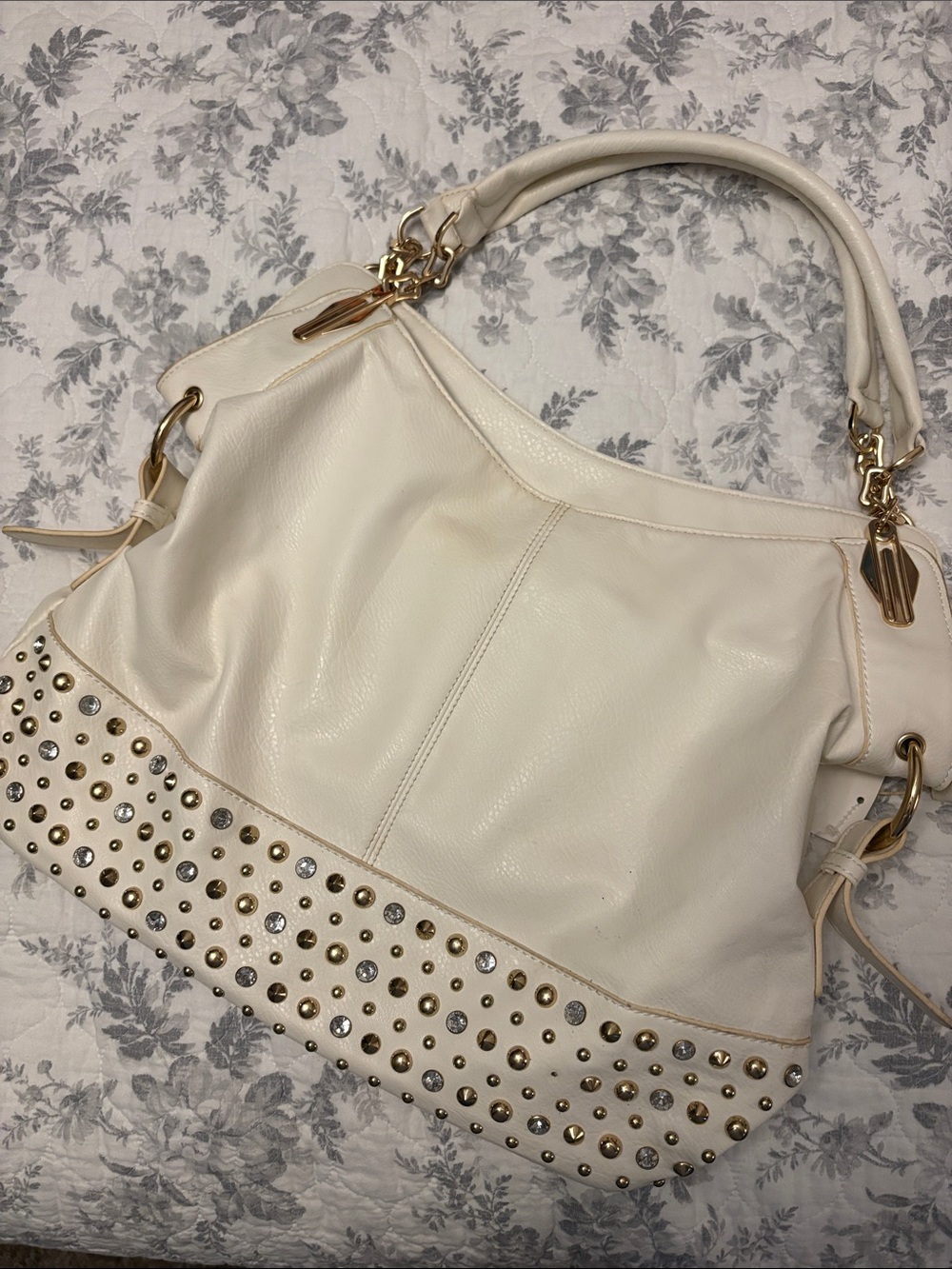 White Studded Leather Hobo Bag - Elegant Everyday Shoulder Bag